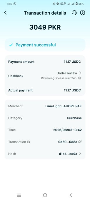 A screenshot of a successful payment transaction details page showing 3049 PKR (11.17 USDC) paid to LimeLight Lahore PAK with cashback under review, directly illustrating the post's claim about earning USDC rewards through the BitgetWallet Card.