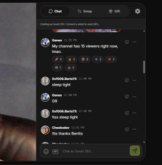 A mobile chat application interface showing a chat with multiple users, with one message indicating 'My channel has 15 viewers right now' and chat activity on a livestream with at least 200 viewers.