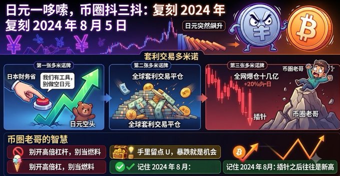A Chinese financial promotional infographic about Japanese Yen trading, mentioning '复刻2024年8月5日' (reproducing August 5, 2024) and featuring cartoon characters with Bitcoin and stock market imagery.
