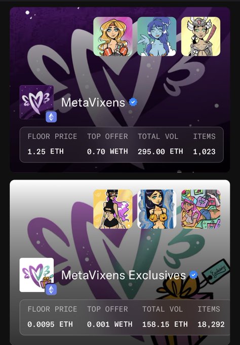 Two OpenSea NFT collection listings for MetaVixens and MetaVixens Exclusives, showing floor prices of 1.25 ETH (1,023 items, 295 ETH volume) and 0.0095 ETH (18,292 items, 158.15 ETH volume) respectively, announcing the MetaVixens collection's presence on the Ethereum blockchain.