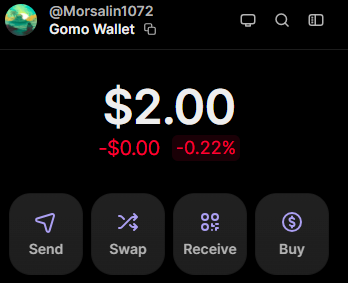 A screenshot of the Gomo Wallet app showing a balance of "$2.00" with options to Send, Swap, Receive, and Buy.