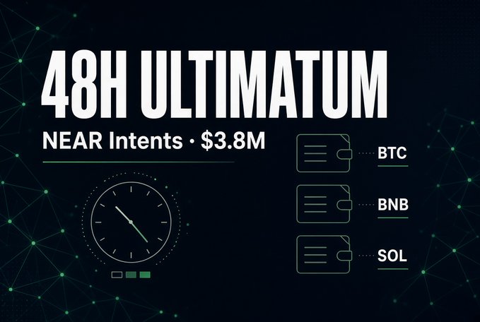 A promotional graphic titled '48H ULTIMATUM' for NEAR Intents featuring $3.8M and showing wallets connected to BTC, BNB, and SOL with a clock illustration.