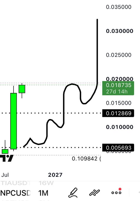 A TradingView candlestick chart of NPCUSD (1M) shows a massive bullish surge in 2027, with price climbing from a low near $0.005693 to an all-time high of $0.018735, illustrating the 228% gains mentioned in the post.