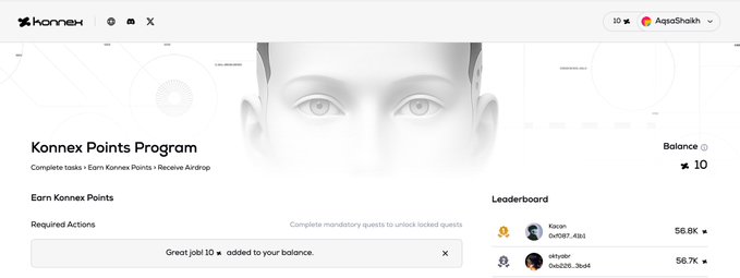 A screenshot of the Konnex Points Program dashboard displays a balance of 10 points awarded to user "AgaaShaikh" for completing a task, along with a leaderboard showing top earners like "0x1597" at 56.8K and "utkyobr" at 56.7K points. The interface features a robotic face graphic and congratulates "Great job! 10 ★ added to your balance," illustrating the platform's active engagement and airdrop incentive system that drew the poster to personally invest in Konnex's decentralized robotics network.