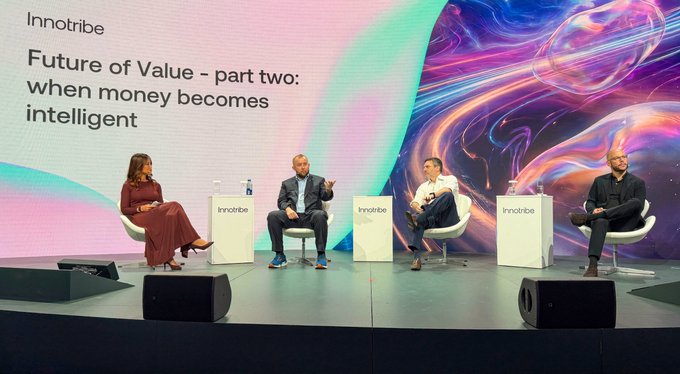 Four panelists sit on a stage with "Innotribe" branded podiums during a session titled "Future of Value - part two: when money becomes intelligent," with Chainlink's Sergey Nazarov joining Microsoft and Parallax Ventures leaders to discuss AI's evolving role in payments and digital assets.
