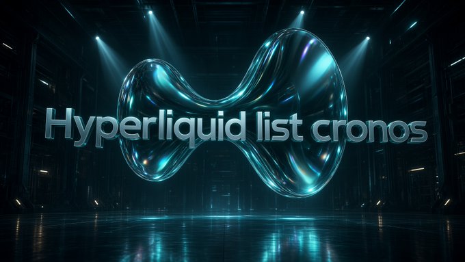 The image displays a futuristic 3D rendering of the Hyperliquid logo with metallic cyan textures, overlaid with the text "Hyperliquid list cronos" against a dark stage lit by spotlights.

The image visually represents the post's request, combining Hyperliquid's branding with a clear call-to-action to add Cronos ($CRO) to its perpetual futures list.