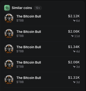 A mobile screenshot shows a "Similar coins" list displaying five "$TBB" entries (all named "The Bitcoin Bull") with market caps ranging from $1.31K to $2.12K and small trading volumes. The image relates to the post by confirming $TBB's low market cap and limited activity, suggesting it is a very small or newly launched coin.