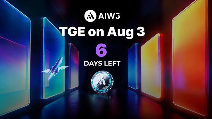 A promotional image for 'AIW3' with neon-lit pillars framing a central token, displaying 'TGE on Aug 3' and '6 DAYS LEFT' in white and purple text.