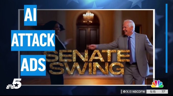 A news broadcast screenshot from NBCDFW 5 featuring an older man dancing in a suit, with text overlays reading 'AI ATTACK ADS' and 'SENATE SWING'.
