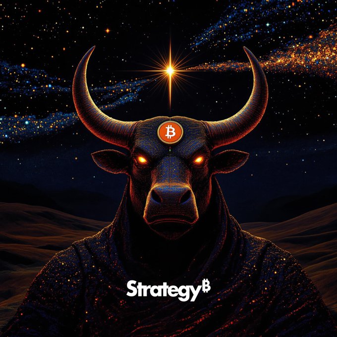 A majestic, glowing-eyed bull with a Bitcoin logo on its forehead stands beneath a cosmic, starry sky, evoking a "bullish" crypto market sentiment. The image includes the text "Strategy" with a Bitcoin "₿" icon, reinforcing the post's message "We're ₿ack."—a play on words signaling Strategy's renewed bullish stance on Bitcoin.