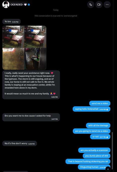 A screenshot of a Facebook Messenger conversation where someone claiming to need typhoon evacuation assistance is confronted by the other user who accuses them of being a scammer after they refused to send proof, ending with hostile messages.