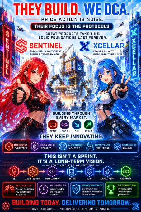 A promotional poster titled 'THEY BUILD. WE DCA.' for cryptocurrency projects 'SENTINEL' and 'XCELLAR', featuring anime-style characters in red and blue, with market condition icons (BEAR, CHOP, PUMP) and slogans including 'BUILDING THROUGH EVERY MARKET' and 'BUILDING TODAY, DELIVERING TOMORROW.'