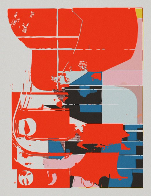 An abstract artwork featuring bold red, black, blue, and pink brushstroke-like shapes and fragmented imagery on a white background.