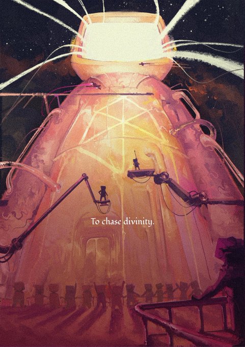 A sci-fi illustration depicts a massive glowing structure or machine with small human figures on platforms, illuminated by bright light from above, with the text 'To chase divinity.' displayed in the center.