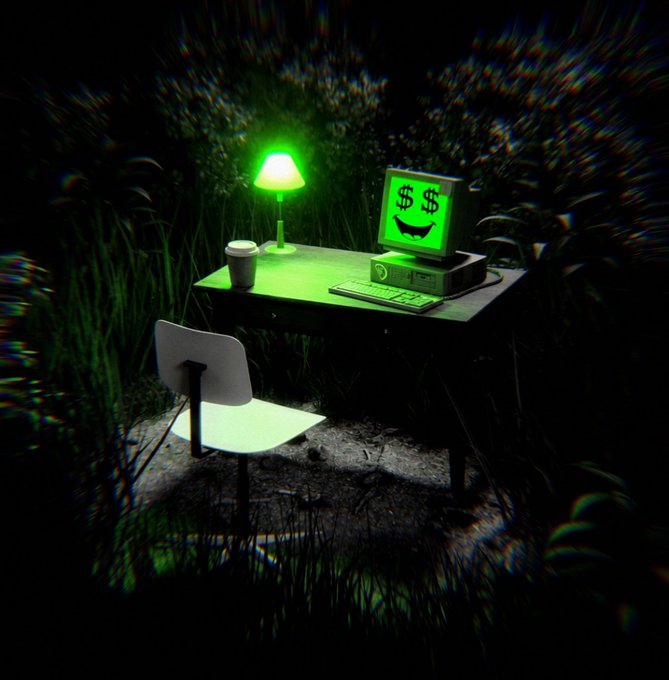 A dimly lit, eerie outdoor scene at night features a computer desk with a glowing green lamp and a monitor displaying a dollar sign face with a sinister smile, accompanied by a keyboard, coffee cup, and empty chair surrounded by tall grass.