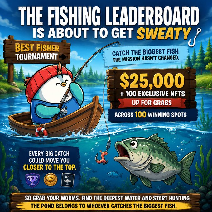 A cartoon penguin in a rowboat reels in a massive bass for "The Best Fisher Tournament," featuring a $25,000 prize plus 100 exclusive NFTs across 100 winning spots.