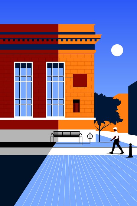 A stylized flat-color digital illustration of a person in a white cap walking past a brick building with a bench, under a bright sun and blue sky.