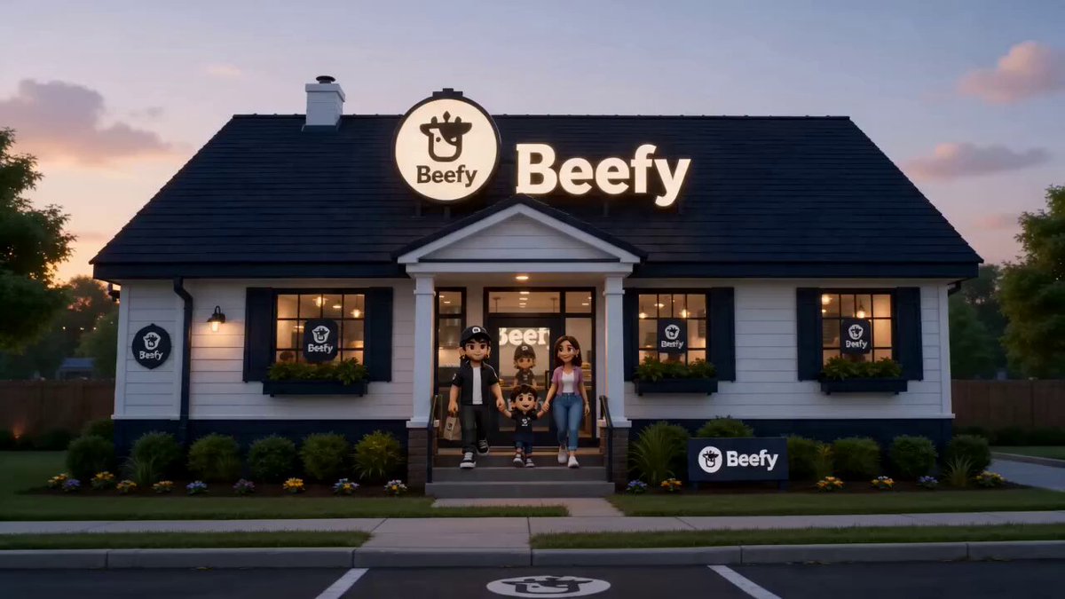 The image features a small, white house with a black roof that has a large "Beefy" sign above the door. There are three people standing outside of the house, possibly waiting for someone or just passing by. The photo also includes a caption about a burger joint named @beefyfinance and a link to its Facebook page.