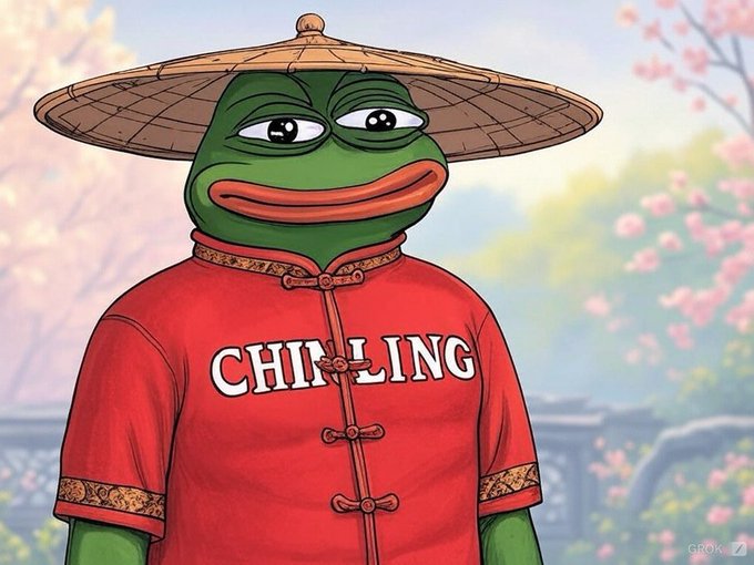 An AI-generated illustration of the Pepe the Frog meme dressed in traditional Chinese attire, including a conical bamboo hat and a red tunic with 'CHINLING' written across the chest, set against a backdrop of cherry blossoms.