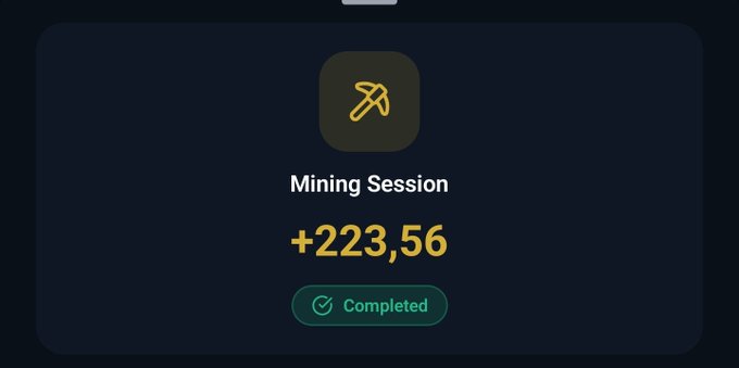 A screenshot showing a completed crypto mining session that earned +223.56, with a yellow pickaxe icon at the top.