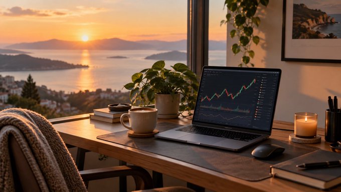 Cozy indoor setting showing a laptop displaying a stock chart on a wooden desk, accompanied by a coffee mug, plants, and a lit candle, with a scenic sunset over water visible through the window.