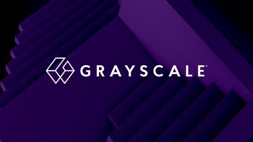 The image displays the Grayscale logo and brand name against a purple geometric background, visually anchoring a post about Grayscale withdrawing its proposed Cardano (ADA), Polkadot (DOT), and Hedera (HBAR) ETF registrations from SEC review.