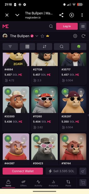 A mobile screenshot of Magic Eden's NFT marketplace showing 'The Bullpen' collection of cow-themed NFTs with various listings priced in SOL, featuring items like ZCASH, with a 'Connect Wallet' button at the bottom.