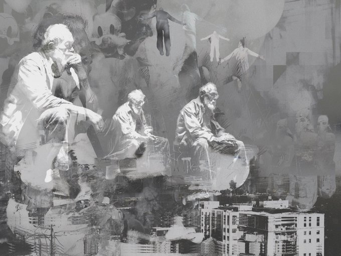 A grayscale double-exposure image blends contemplative seated men—echoing Rodin's "The Thinker"—and classical figures with an urban cityscape below, visually echoing the post's theme that modern life's distractions render higher pursuits as "ghosts in a machine." The overlapping silhouettes of statue-like thinkers and city buildings illustrate how humanity's philosophical and divine aspirations dissolve into the mechanized sprawl of contemporary existence.