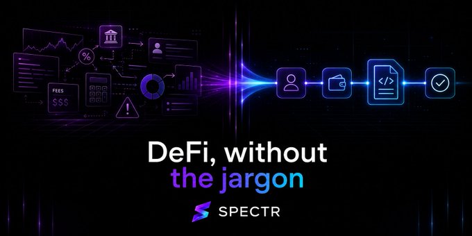 A dark promotional graphic for "SPECTR" with the tagline "DeFi, without the jargon" and glowing purple icons representing banking, charts, and code.