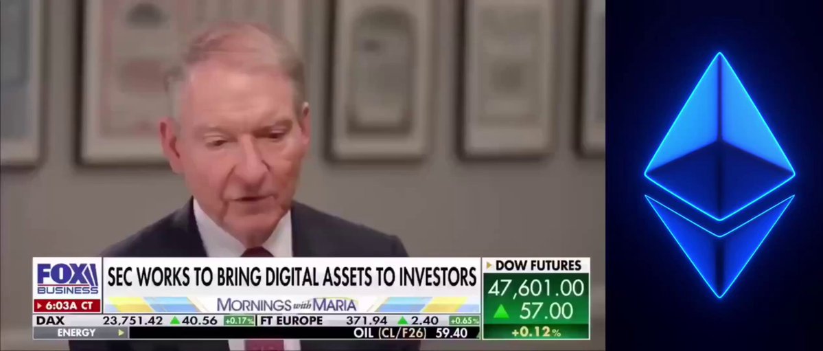 The image features a man wearing a suit, sitting at a desk with a TV screen behind him displaying news about the SEC's plans for legalizing blockchain-based trading of tokenized assets. The text on the screen reads "SEC works to bring digital assets to investors. Morningstar - Maria. $ETH will perform insanely well. Patience is key." This suggests that the man might be discussing the potential benefits and risks associated with investing in cryptocurrency, specifically Ethereum, as it is known for its blockchain technology.