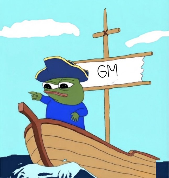 A cartoon Pepe the Frog dressed as a pirate captain with a hat, sailing a wooden ship with a "GM" flag on the mast.