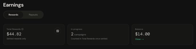 An "Earnings" dashboard displays a Total Rewards of $44.82, 2 campaigns in progress, and a Balance of $14.00, suggesting the poster's recent success on the new AI raid platform mentioned in their promotional post.