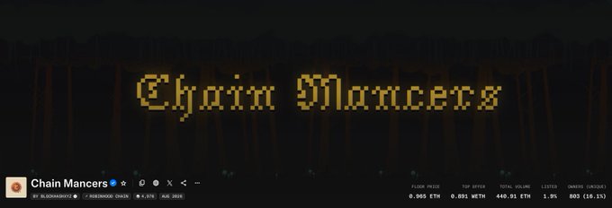 A banner or header displaying the text "Chain Mancérs" in a pixelated, Old English-style font, with small cryptocurrency statistics like "0.065 ETH" and "PRICE" visible at the bottom.