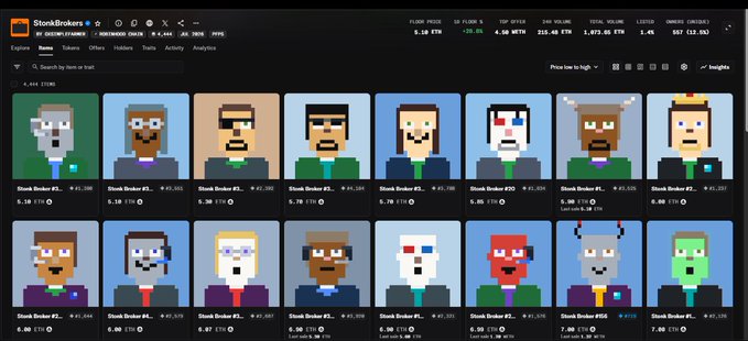 A digital marketplace interface displays pixel-art avatars labeled 'Stock Broker' with various titles and prices listed beneath each character.