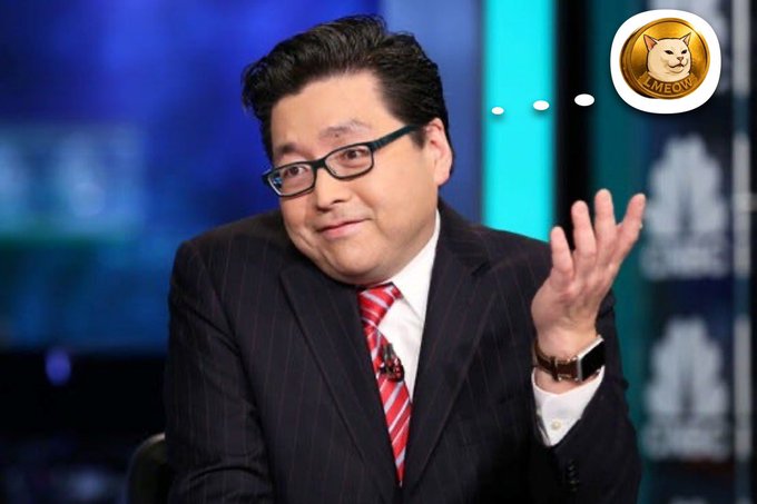 A man in a dark pinstripe suit, red striped tie, and black-framed glasses gestures with his hand raised while appearing on a television set with blue lighting in the background; a thought bubble graphic containing a "LMEOW" coin with a cat illustration is overlaid in the upper right corner, humorously suggesting he is contemplating the LMEOW meme token referenced in the accompanying post about Tom Lee of Fundstrat.