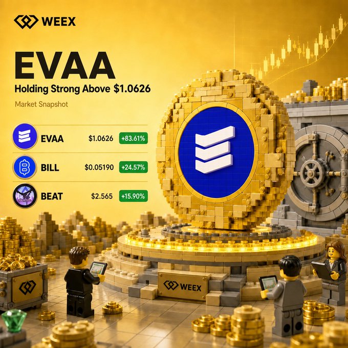 The image is a WEEX "Market Snapshot" graphic highlighting EVAA as the top performer, featuring a large gold coin centerpiece with its logo, a vault, and LEGO-style figures trading in a golden market scene. The accompanying data shows EVAA at $1.0626 (+83.61%), BILL at $0.05190 (+24.57%), and BEAT at $2.565 (+15.90%), directly matching the post's ticker prices and percentage gains while promoting the WEEX registration link.