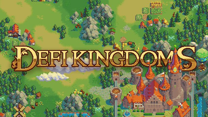 Promotional artwork for 'DeFi Kingdoms' featuring pixel-art style graphics with a medieval castle, villages, forests, and mountains in a colorful fantasy landscape.