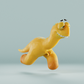 A 3D-rendered, cartoonish yellow dinosaur-like character with a wide, toothy smile, mid-step or jump against a plain light blue background.
