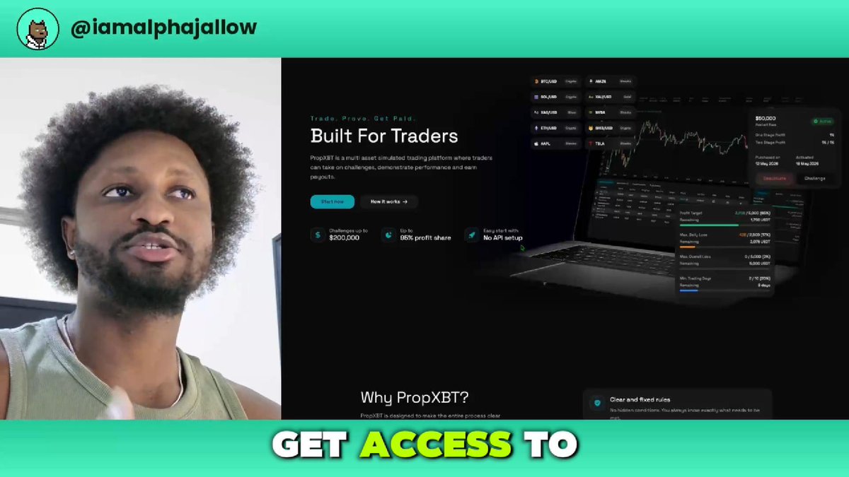A video thumbnail featuring @iamalphajallow alongside a screenshot of the 'PropXBT' trading platform website, with overlay text reading 'GET ACCESS TO'.