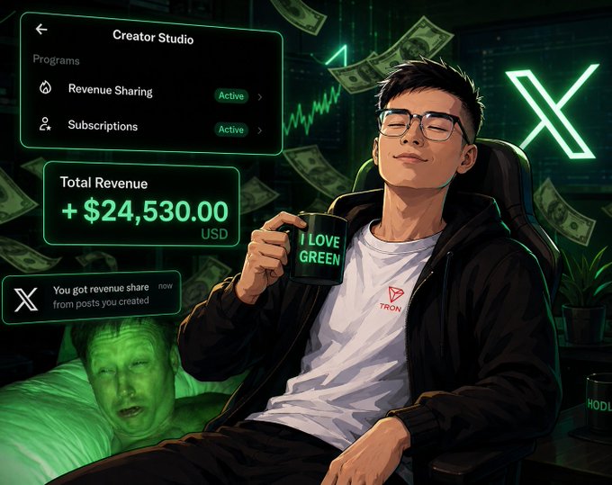 The image features a man sitting in an office chair, holding a coffee cup with "I Love Green" written on it. The background of the image shows a computer screen displaying various financial information such as revenue sharing, subscription details, and other relevant data. There are also some money-related elements like dollar signs and numbers visible in the image.