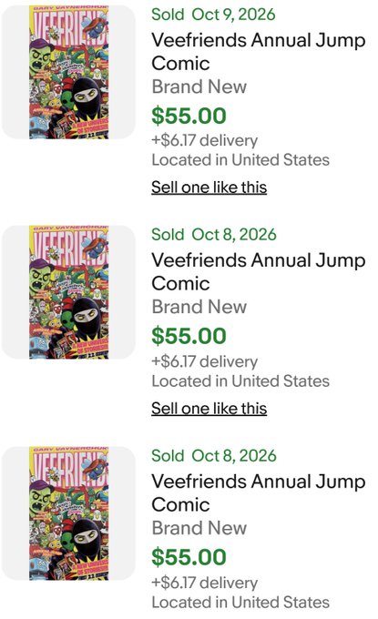 An eBay sold listings screenshot showing three copies of the 'Veefriends Annual Jump Comic' selling for $55.00 each in early October 2026.