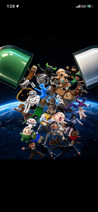A meme wallpaper shows various cartoon and meme characters appearing to spill out of two large capsules against a space/earth backdrop, with status bar showing 1:29 and 56% battery.