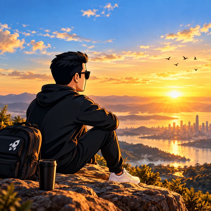 An anime-style illustration shows a man with sunglasses and a rocket-logo backpack sitting on a cliff, watching a sunset over a distant city skyline.