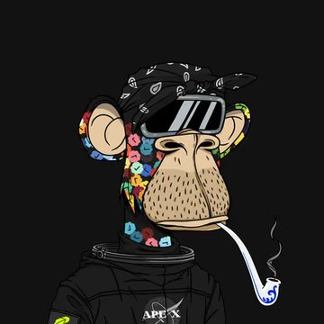 A cartoon illustration of a Bored Ape-style monkey wearing ski goggles, a bandana, and an 'APEX' hoodie, smoking a joint.