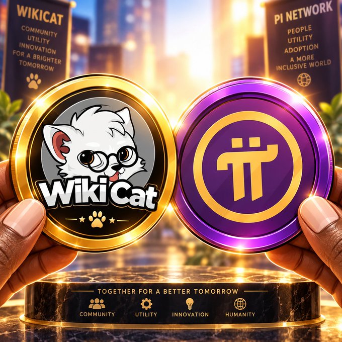 A promotional graphic showing two hands holding gold and purple coins labeled 'WIKICAT' and 'PI NETWORK', with text reading 'COMMUNITY UTILITY INNOVATION FOR A BRIGHTER TOMORROW' and 'TOGETHER FOR A BETTER TOMORROW'.