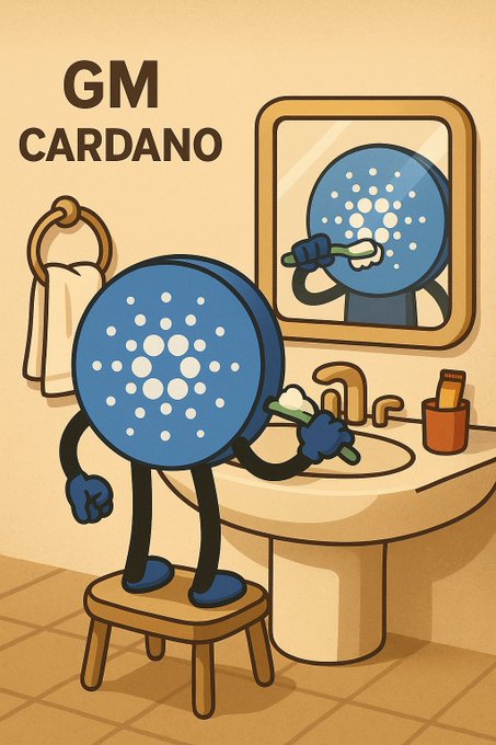 A cartoon illustration labeled 'GM CARDANO' showing the blue Cardano (ADA) crypto logo character brushing its teeth in a bathroom mirror.