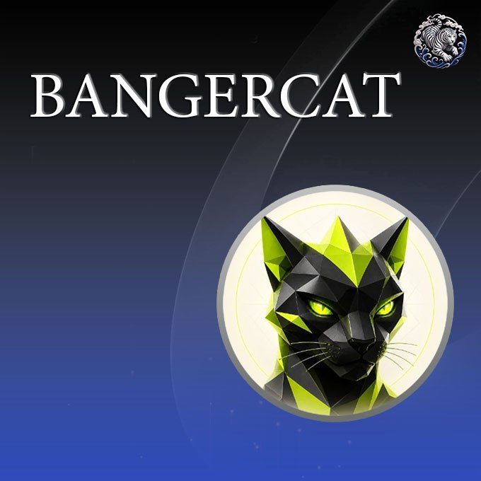 Promotional graphic for the new listing of BangerCat ($BANGERCAT) token, featuring a geometric low-poly black and neon green cat illustration set within a circular emblem, with "BANGERCAT" displayed in large silver text against a dark blue background.