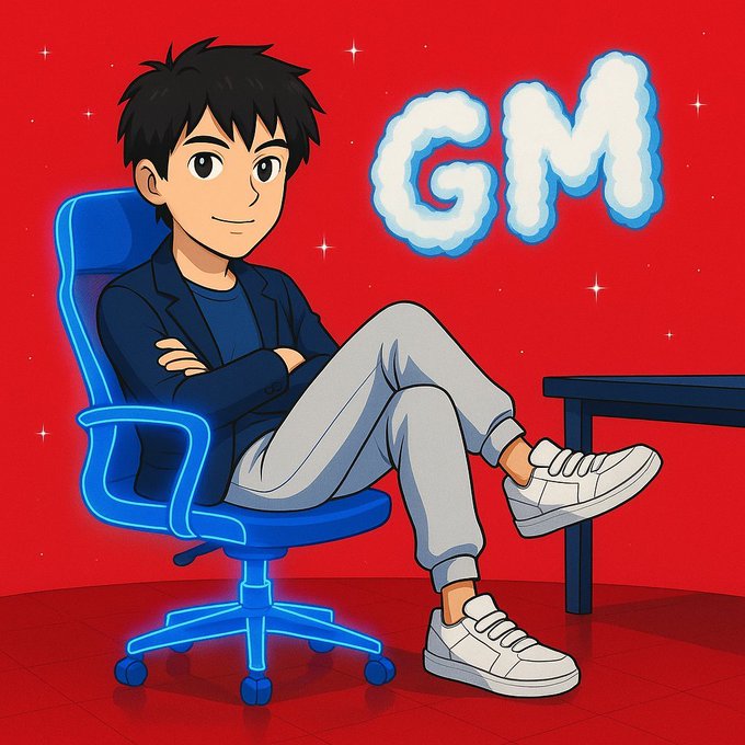 An anime-style illustration of a young man in a blue blazer and gray sweatpants sitting in a glowing blue office chair, with the letters 'GM' spelled out in clouds on a red background.