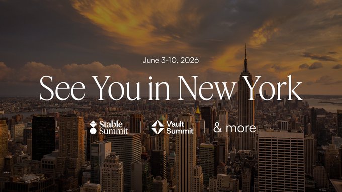 The image features a city skyline at sunset over New York City. The text "See You In New York" is displayed above the scene, indicating that the photo was taken during the @ethconf week, which falls between June 3rd and 10th. The caption also mentions that there will be stops at the @stable_summit and @vault__Summit events in NYC.