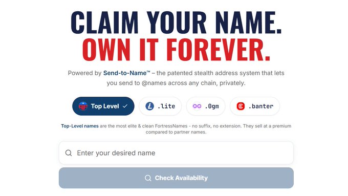 A webpage headline 'CLAIM YOUR NAME. OWN IT FOREVER.' powered by Send-to-Name, a stealth address system, with a search bar to check availability of top-level names like .lite, .0gm, and .banter.